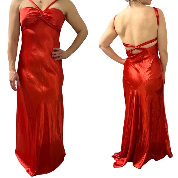 Orange Satin Strappy Formal Low Open Back Gown Prom Dress Size 9 - Picture 2 of 11